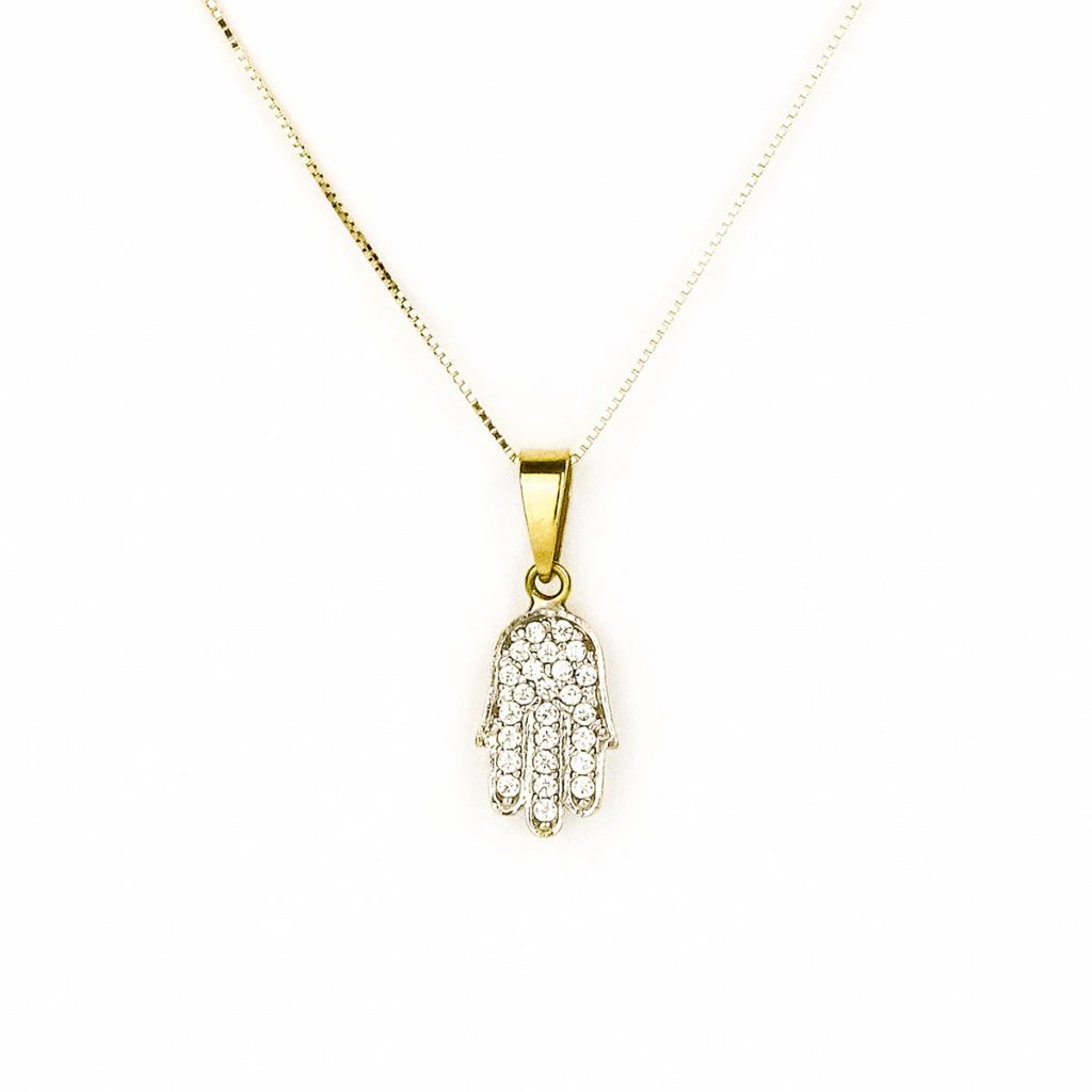 Bijouxia - Ciondolo Mano di Fatima con zirconi e Placcato Oro 18 kt 750/1000